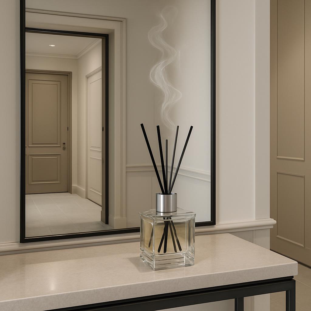 A glass container with a reed diffuser, where the reeds absorb and release fragrances, is placed on a white table in front...